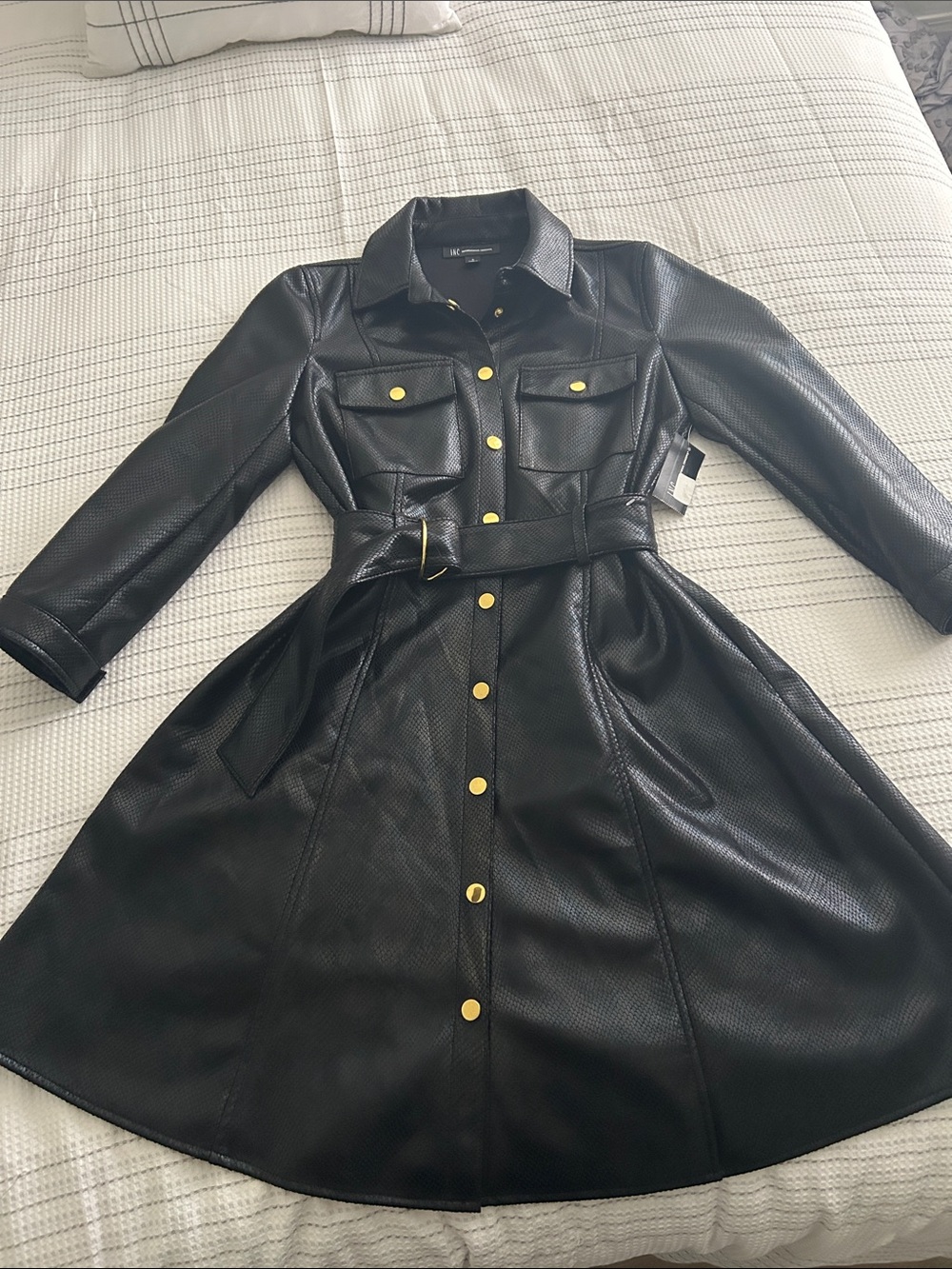 Black Faux Leather Belted Shirt Dress Jacket with Gold Buttons